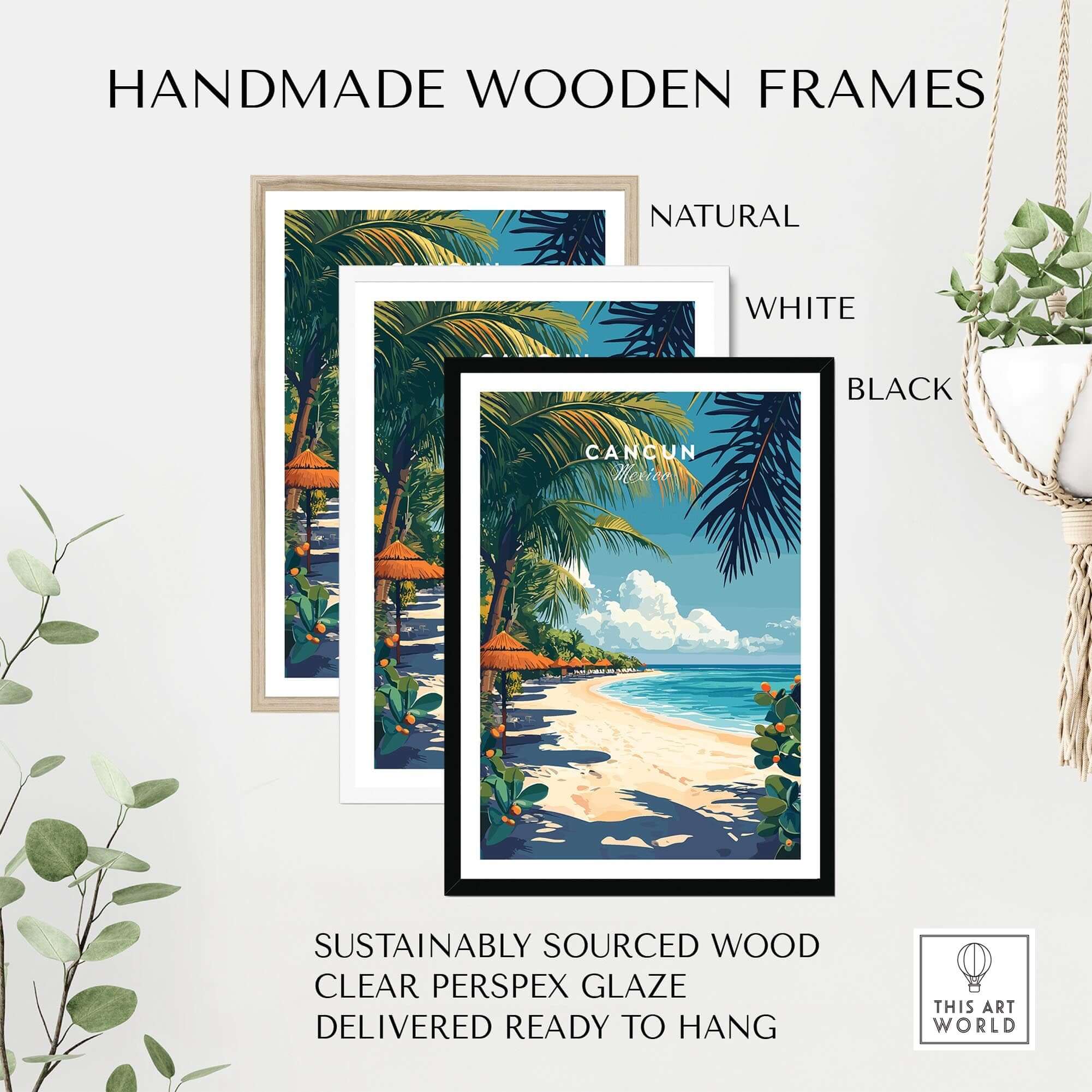 Handmade wooden frames for Cancun Print in natural, white, and black finishes, showcasing a beach scene.