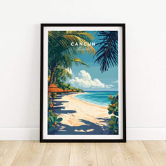Cancun Print vibrant beach scene with palm trees and sunny skies, perfect for decorating with a travel theme.