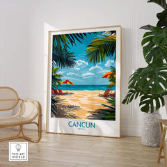 Cancun Travel Poster featuring a beach scene with palm trees and vibrant umbrellas in a stylish interior setting.