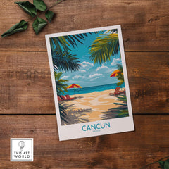 Cancun Travel Poster featuring a tropical beach scene with palm trees and vibrant colors, evoking Mexico's paradise.