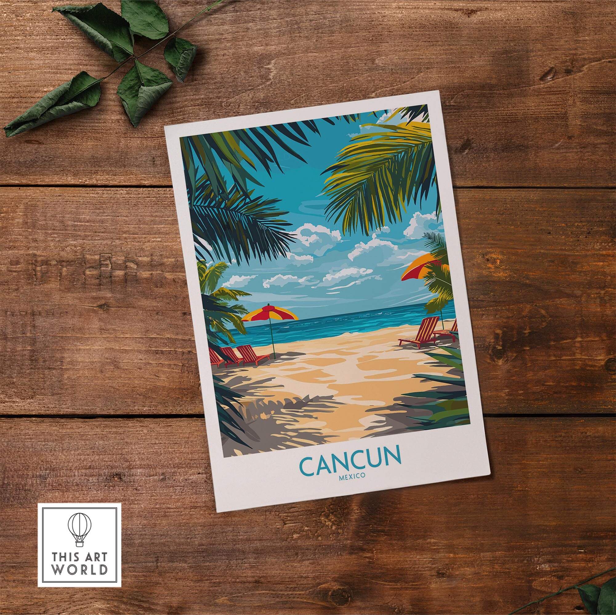 Cancun Travel Poster featuring a tropical beach scene with palm trees and vibrant colors, evoking Mexico's paradise.