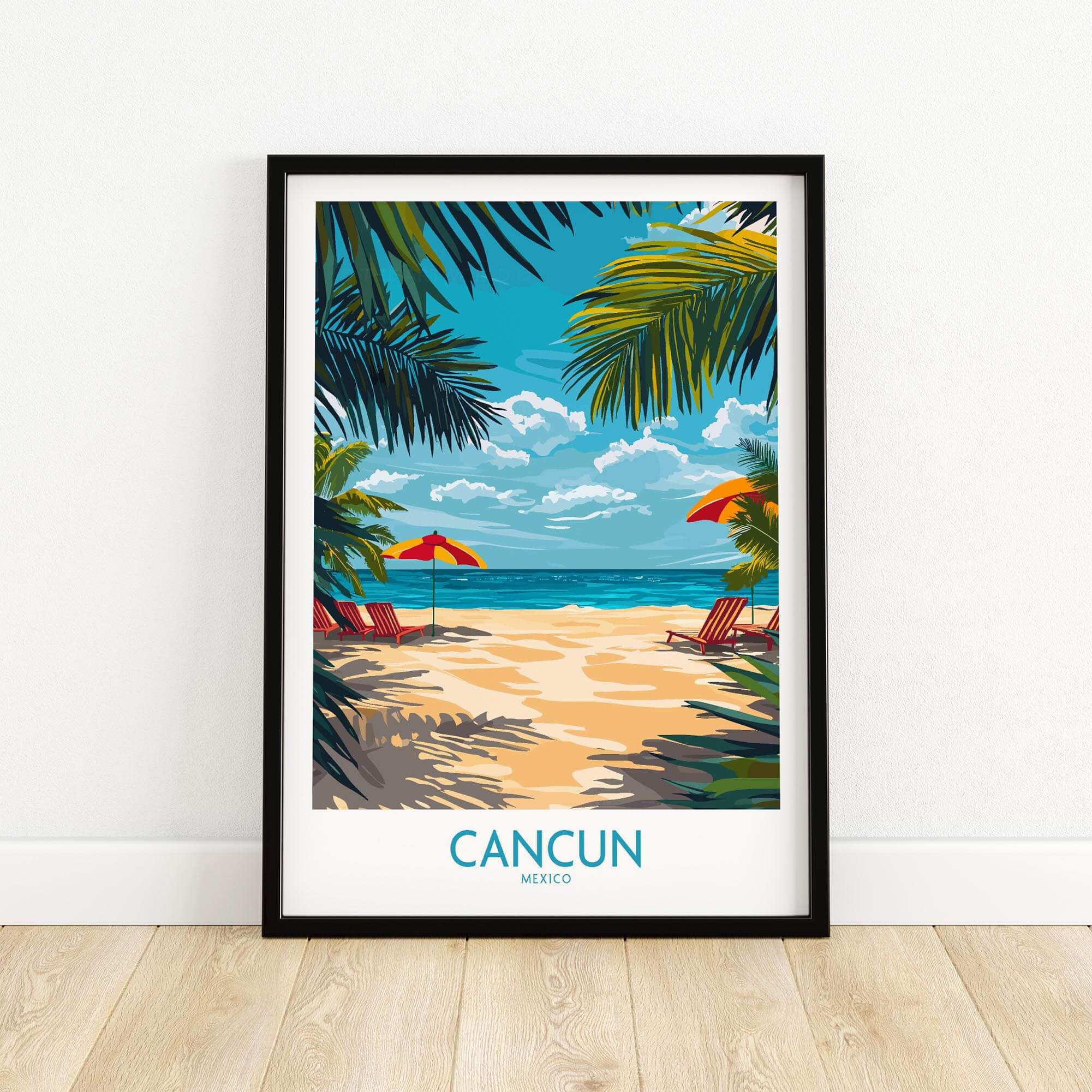 Cancun Travel Poster featuring a beach scene with palm trees and colorful umbrellas, vibrant Mexican culture decor.