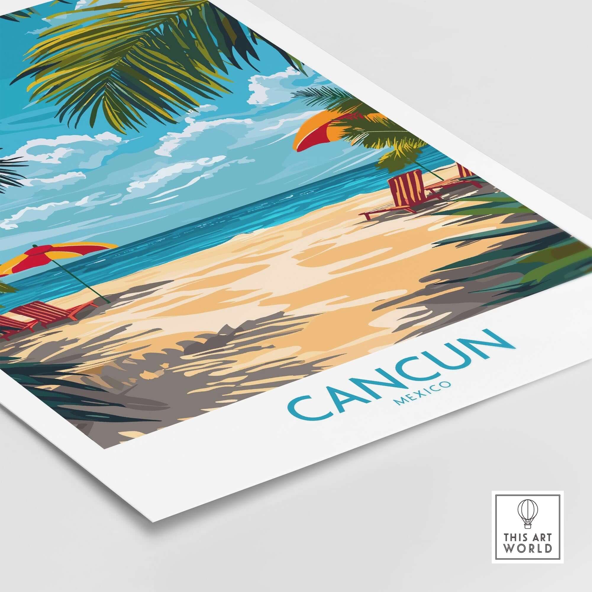 Cancun Travel Poster featuring a beach scene with palm trees and colorful umbrellas in Mexico.
