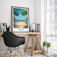 Cancun Travel Poster displayed in a modern office setting with stylish decor and natural light.