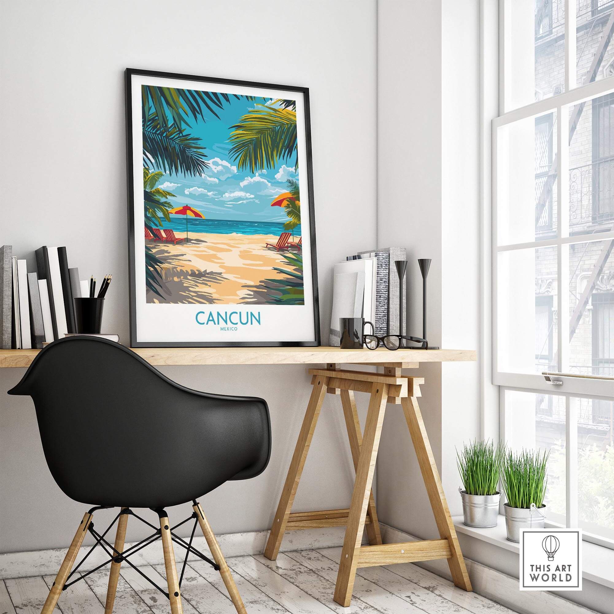 Cancun Travel Poster displayed in a modern office setting with stylish decor and natural light.