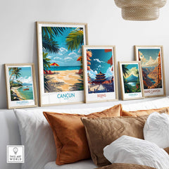 Cancun Travel Poster displayed among other travel posters on a stylish wall, bringing vibrant vacation vibes.