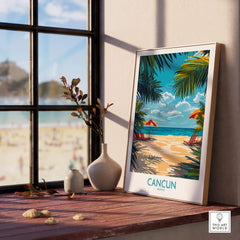 Cancun Travel Poster showcasing a beautiful beach scene with palm trees and vibrant colors, ideal for home decor.