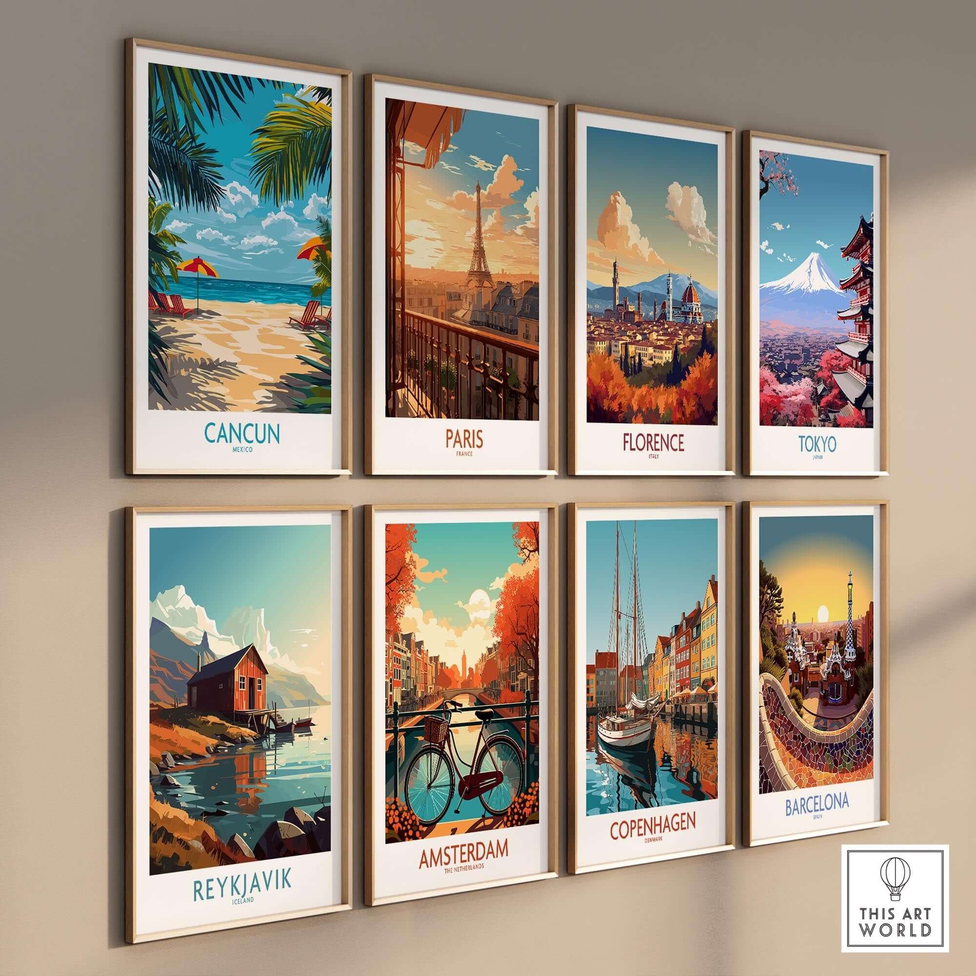 Colorful travel posters on a wall featuring Cancun, Paris, Florence, Tokyo, Reykjavik, Amsterdam, Copenhagen, and Barcelona.