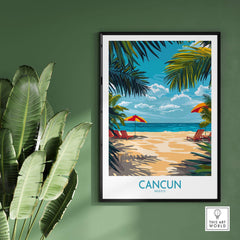 Cancun Travel Poster featuring a tropical beach scene with palm trees, lounge chairs, and vibrant blue sky.
