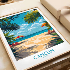 Cancun Travel Poster featuring a beach scene with palm trees and colorful umbrellas, capturing the essence of Cancun, Mexico.