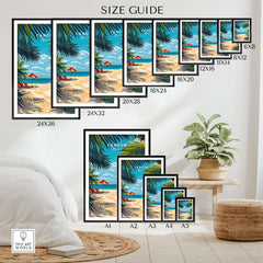 Size guide for Cancun Travel Print with various frame sizes displayed in a stylish indoor setting.