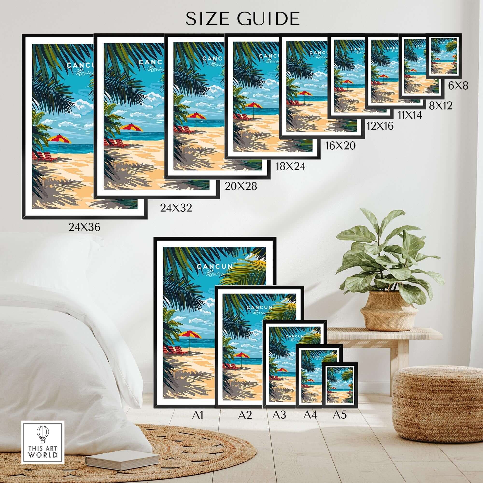 Size guide for Cancun Travel Print with various frame sizes displayed in a stylish indoor setting.