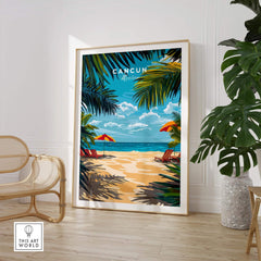 Cancun Travel Print showcasing a vibrant beach scene with tropical elements, perfect for home decor.