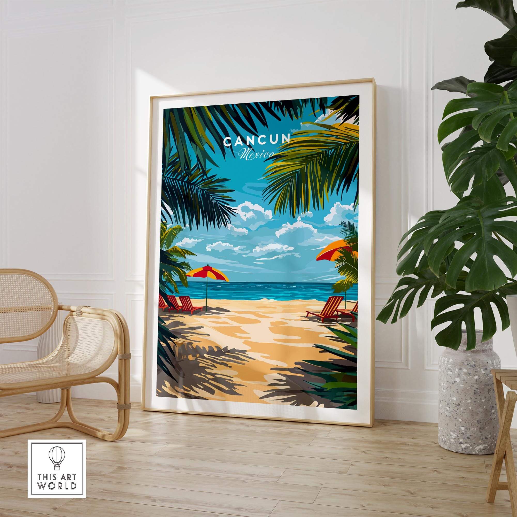 Cancun Travel Print showcasing a vibrant beach scene with tropical elements, perfect for home decor.