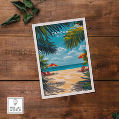 Cancun Travel Print showcasing a beach scene with palm trees and umbrellas in Cancun, Mexico.