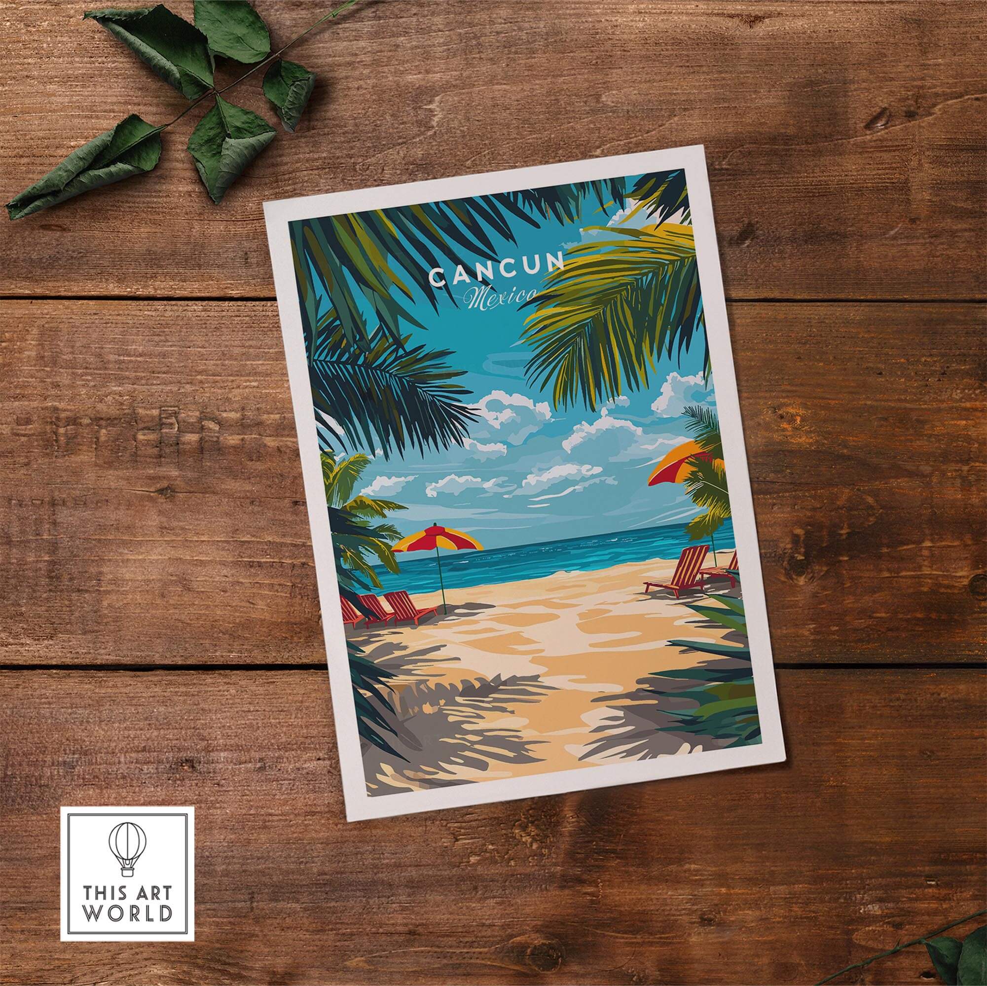 Cancun Travel Print showcasing a beach scene with palm trees and umbrellas in Cancun, Mexico.