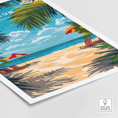 Cancun Travel Print showcasing a beautiful beach scene with colorful umbrellas and clear blue waters in Cancun, Mexico.