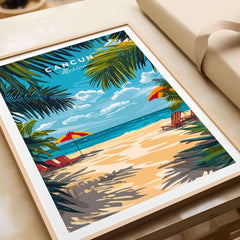 Cancun Travel Print showcasing a vibrant beach scene in Cancun, Mexico with umbrellas and lounge chairs.