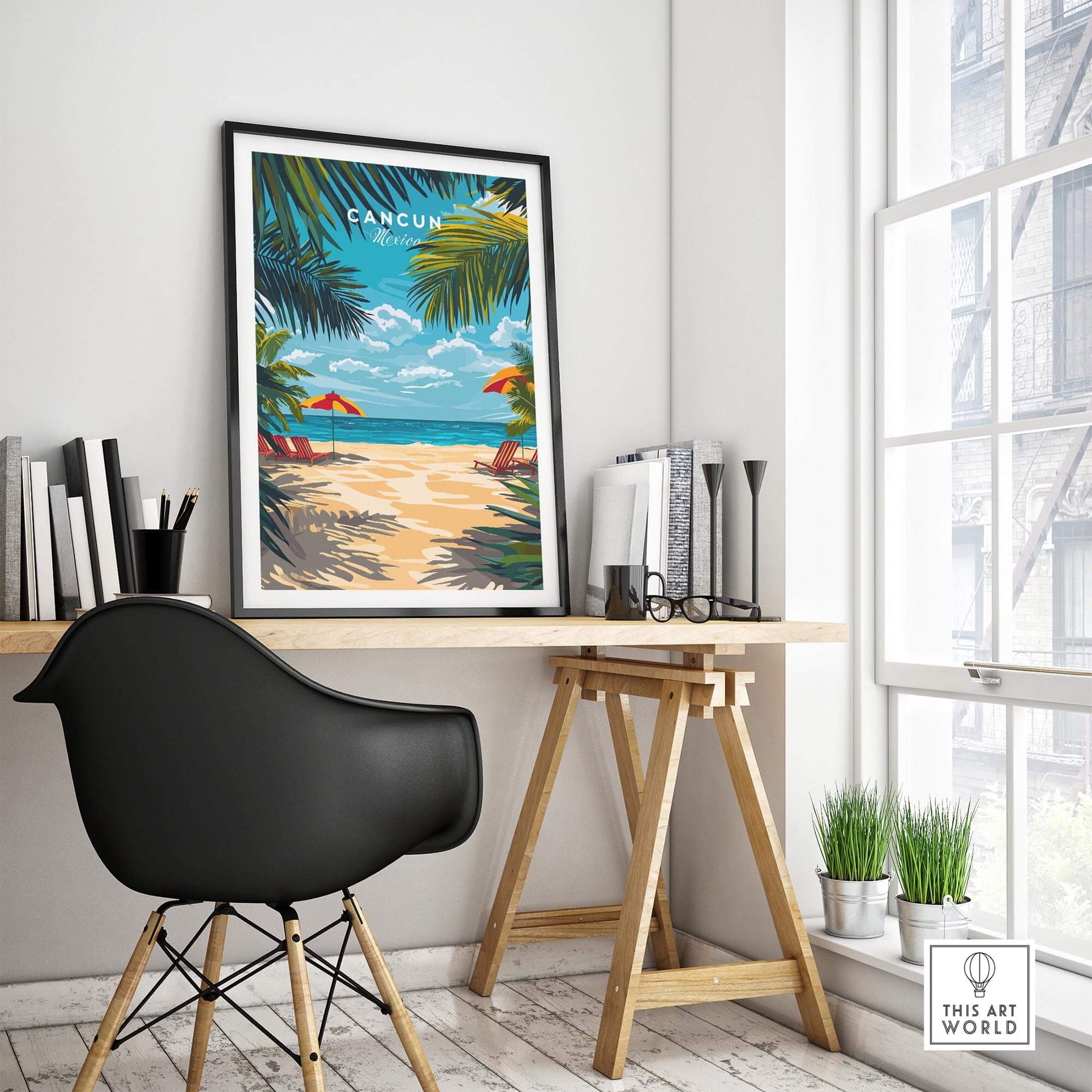 Cancun Travel Print showcasing a tropical beach scene with vibrant colors and palm trees, perfect for home decor.