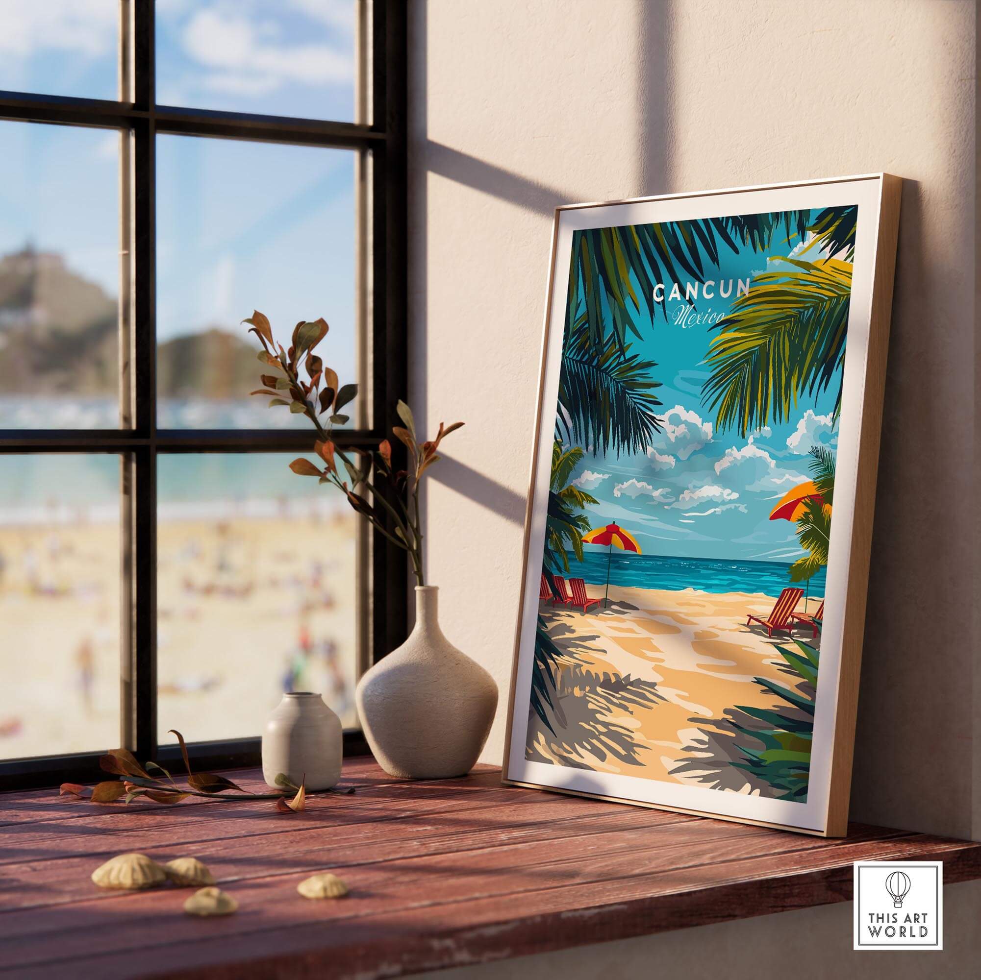 Cancun Travel Print displayed on a windowsill with tropical views and beach scene in a stylish room decor.