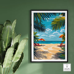 Cancun Travel Print capturing the tropical beach scene with palm trees and colorful umbrellas.