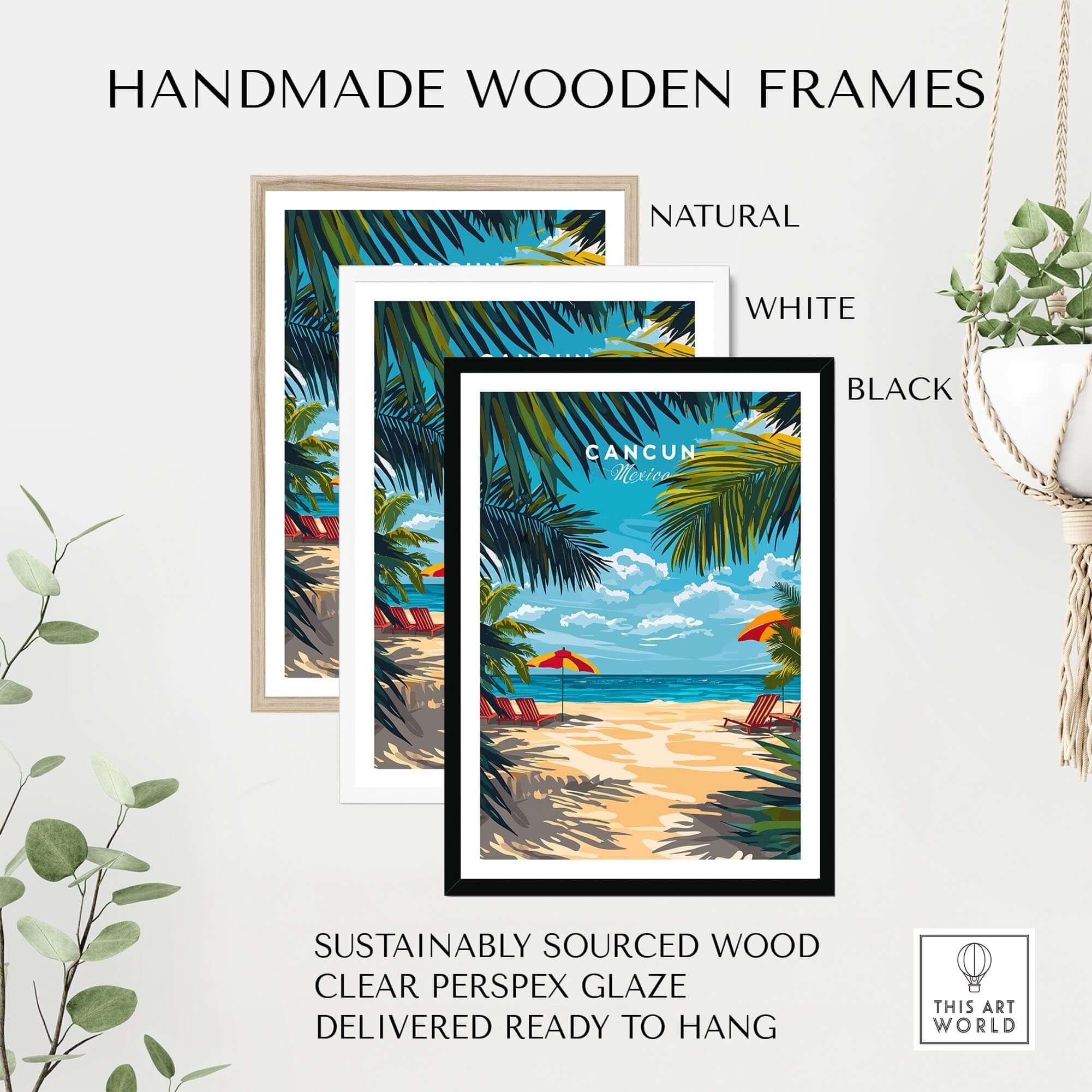 Handmade wooden frames showcasing the vibrant Cancun Travel Print with natural, white, and black options.
