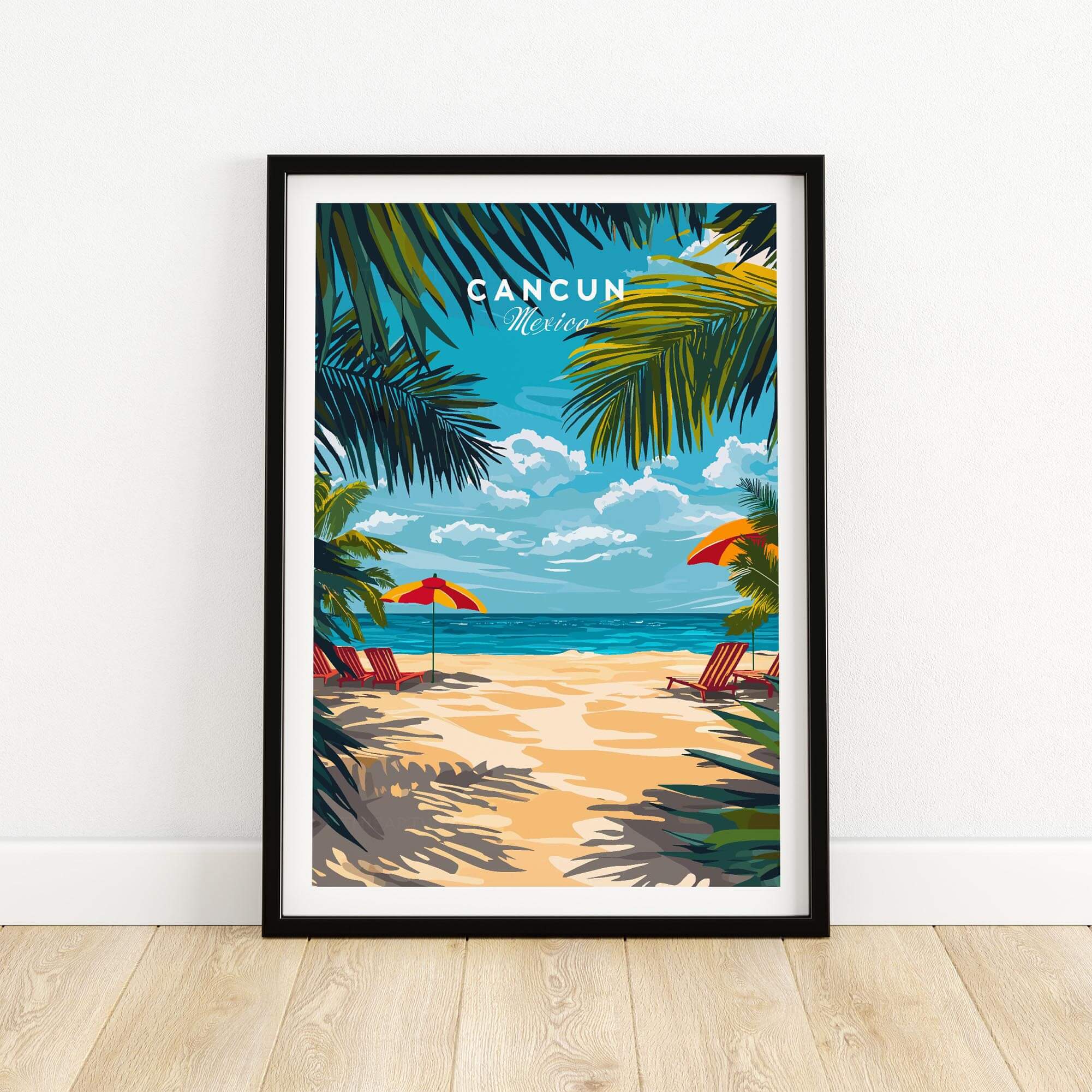 Cancun Travel Print depicting a vibrant beach scene with palm trees and umbrellas, capturing the essence of Cancun.