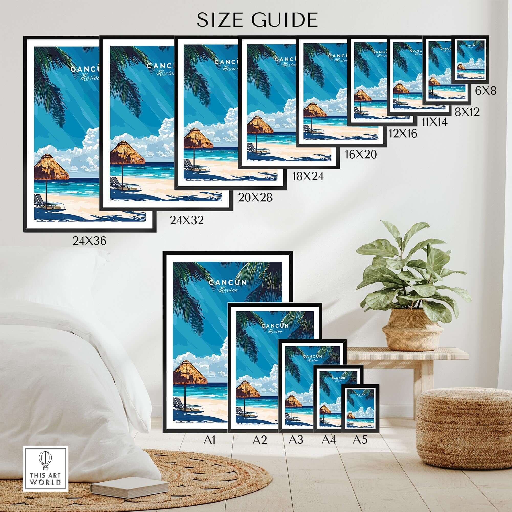A size guide for Cancun Wall Art prints showcasing various dimensions for vibrant beach scenes.