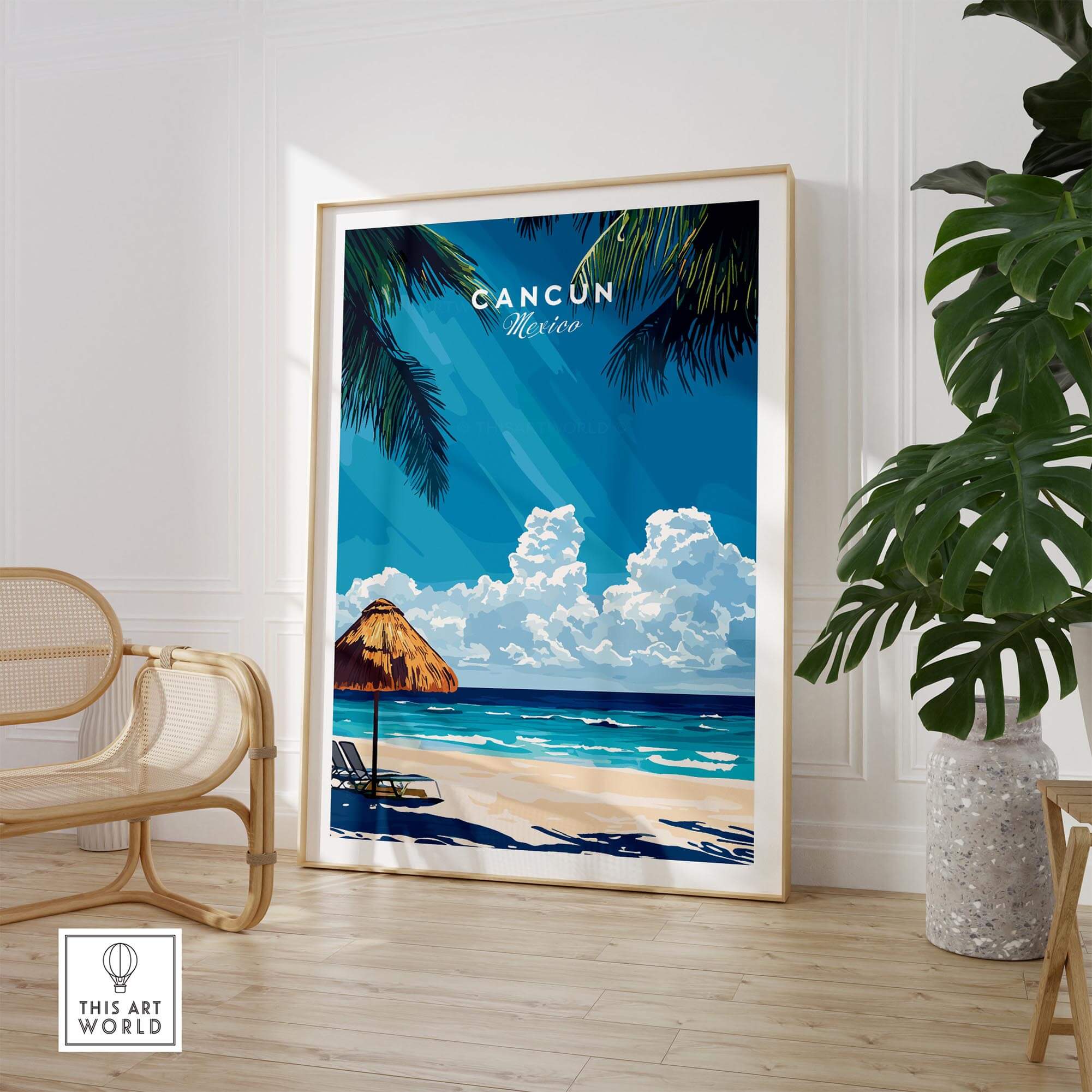 Cancun Wall Art featuring a beautiful beach scene with palm trees and vibrant colors.