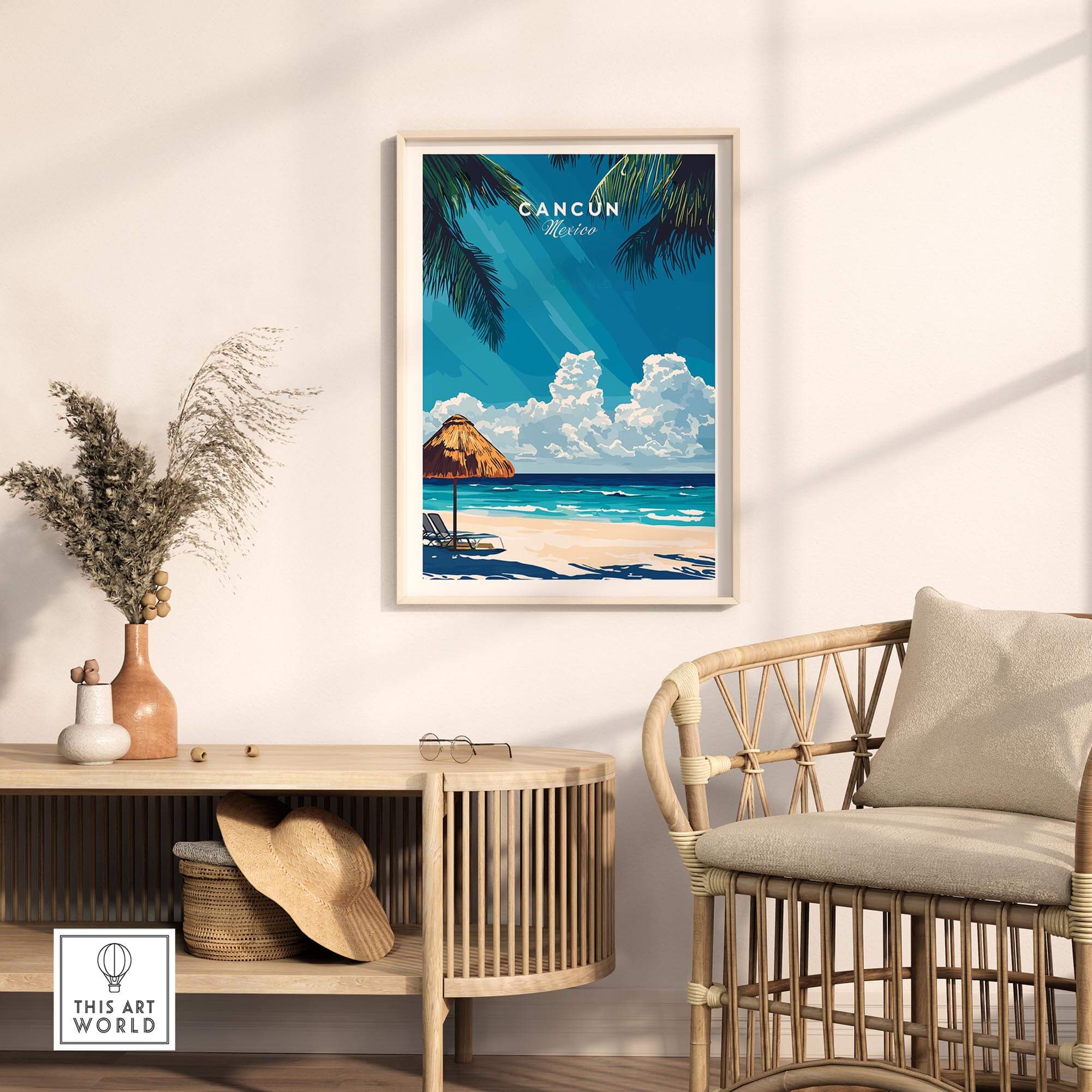 Cancun Wall Art featuring a beach scene with a thatched umbrella, blue skies, and the Caribbean Sea.