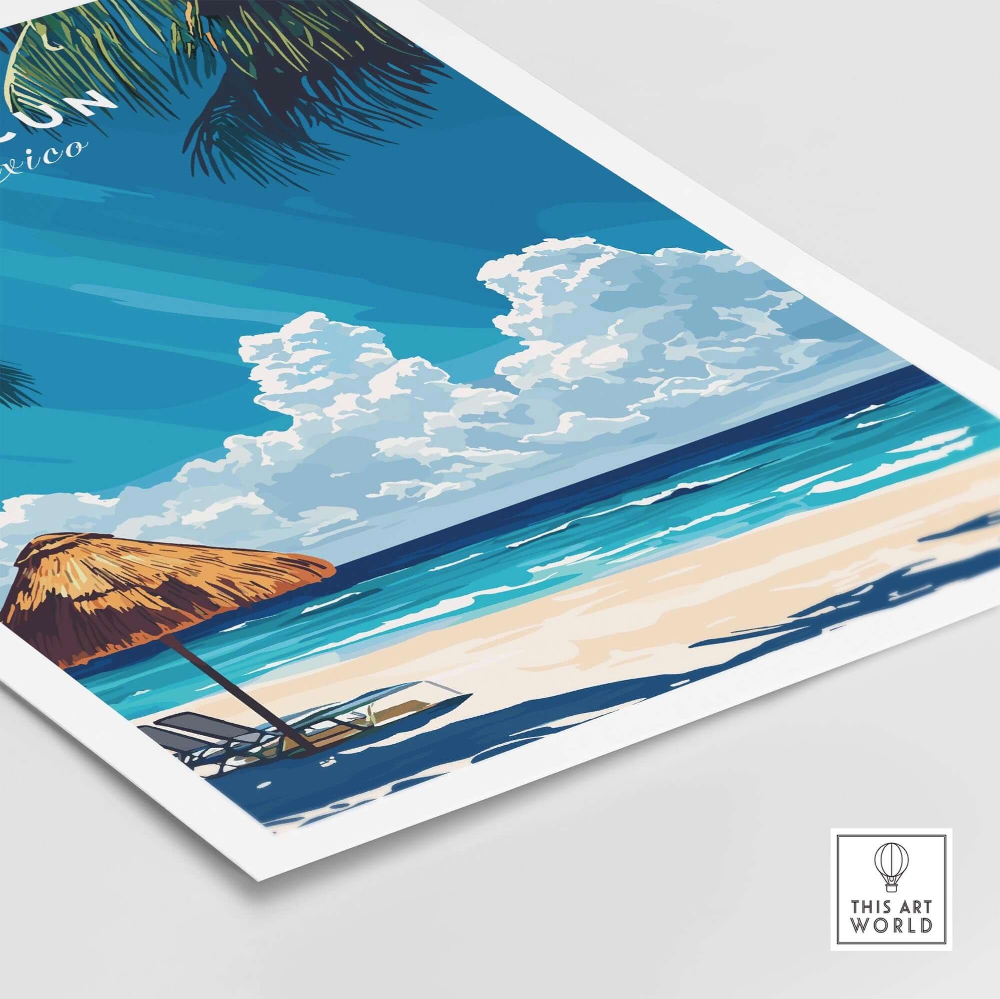 Cancun Wall Art featuring a beach scene with white sands, blue skies, and a straw umbrella.