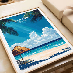 Cancun Wall Art featuring a beach scene with a straw umbrella and crystal blue waters, perfect for wanderlust lovers.