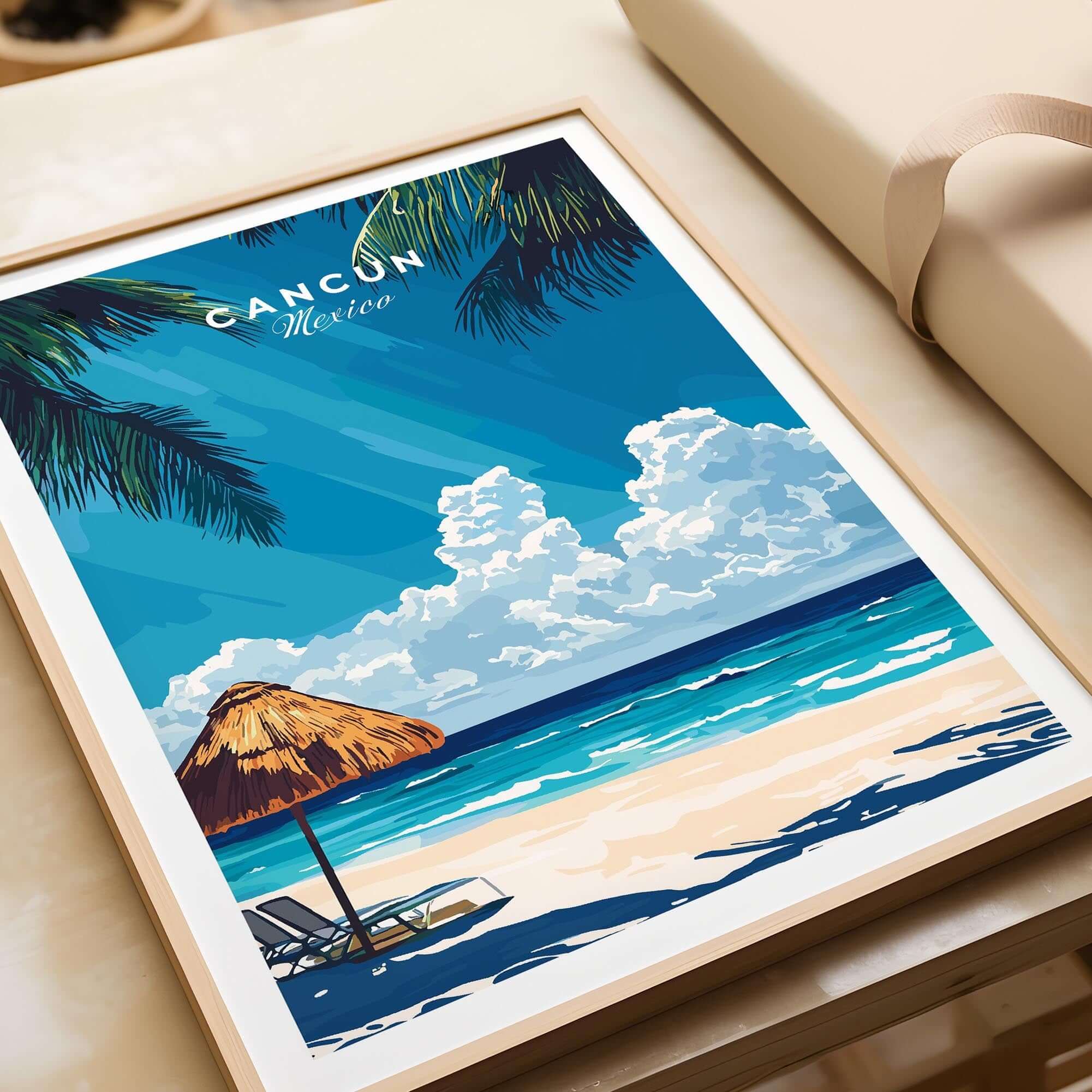 Cancun Wall Art featuring a beach scene with a straw umbrella and crystal blue waters, perfect for wanderlust lovers.