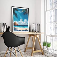 Cancun Wall Art featuring vibrant colors of the Caribbean Sea and stunning beach view in a modern workspace.
