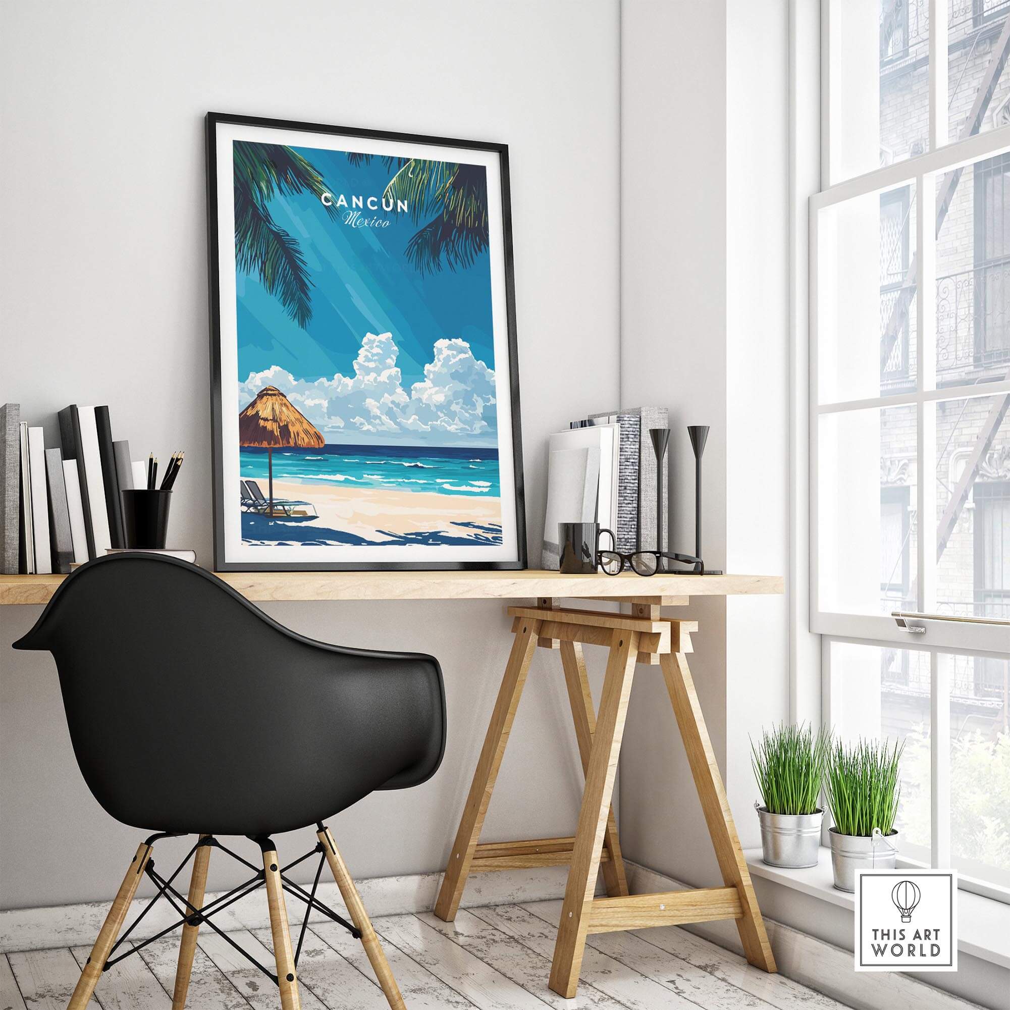 Cancun Wall Art featuring vibrant colors of the Caribbean Sea and stunning beach view in a modern workspace.