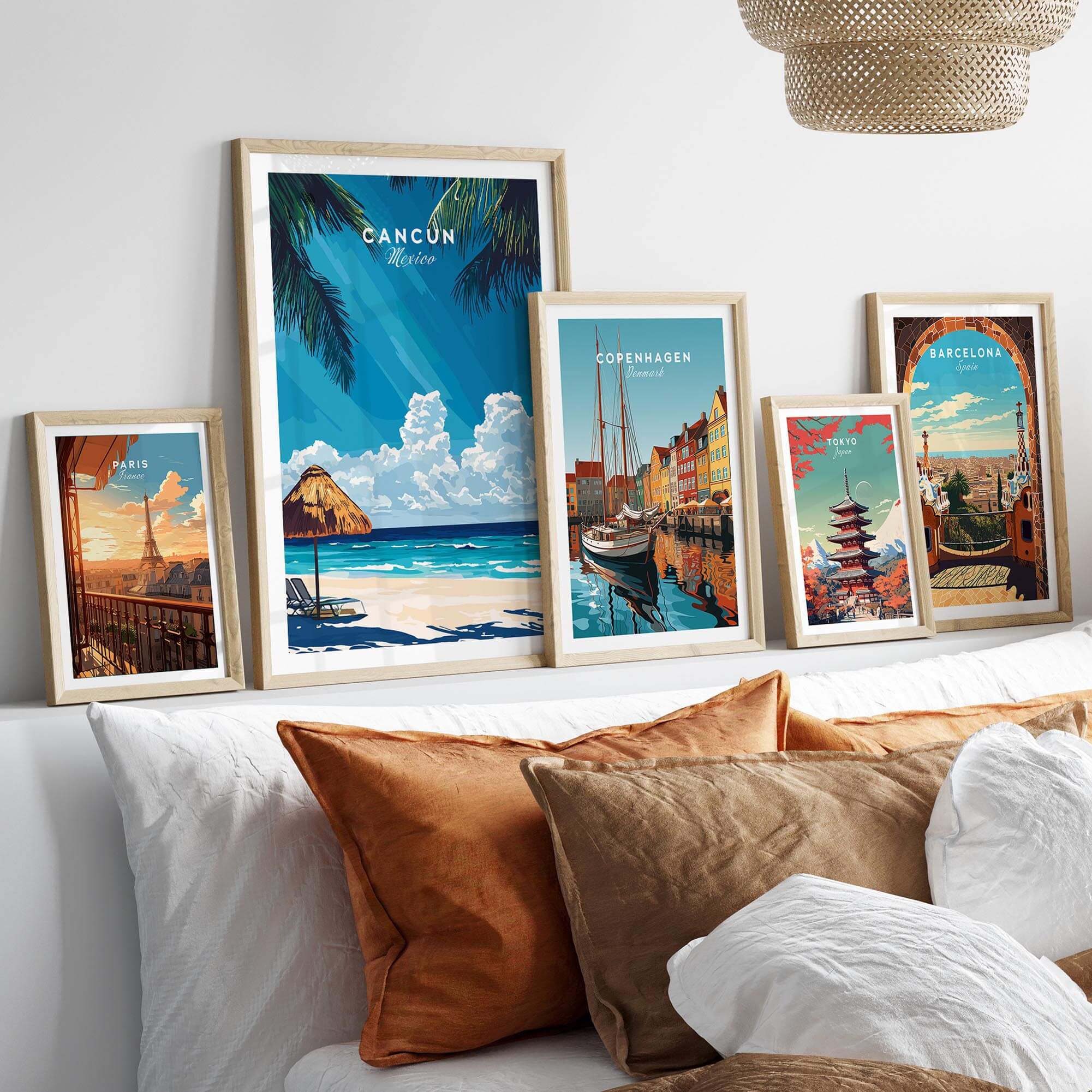 Cancun Wall Art showcasing vibrant beach scenes and travel posters on a stylish wall display.