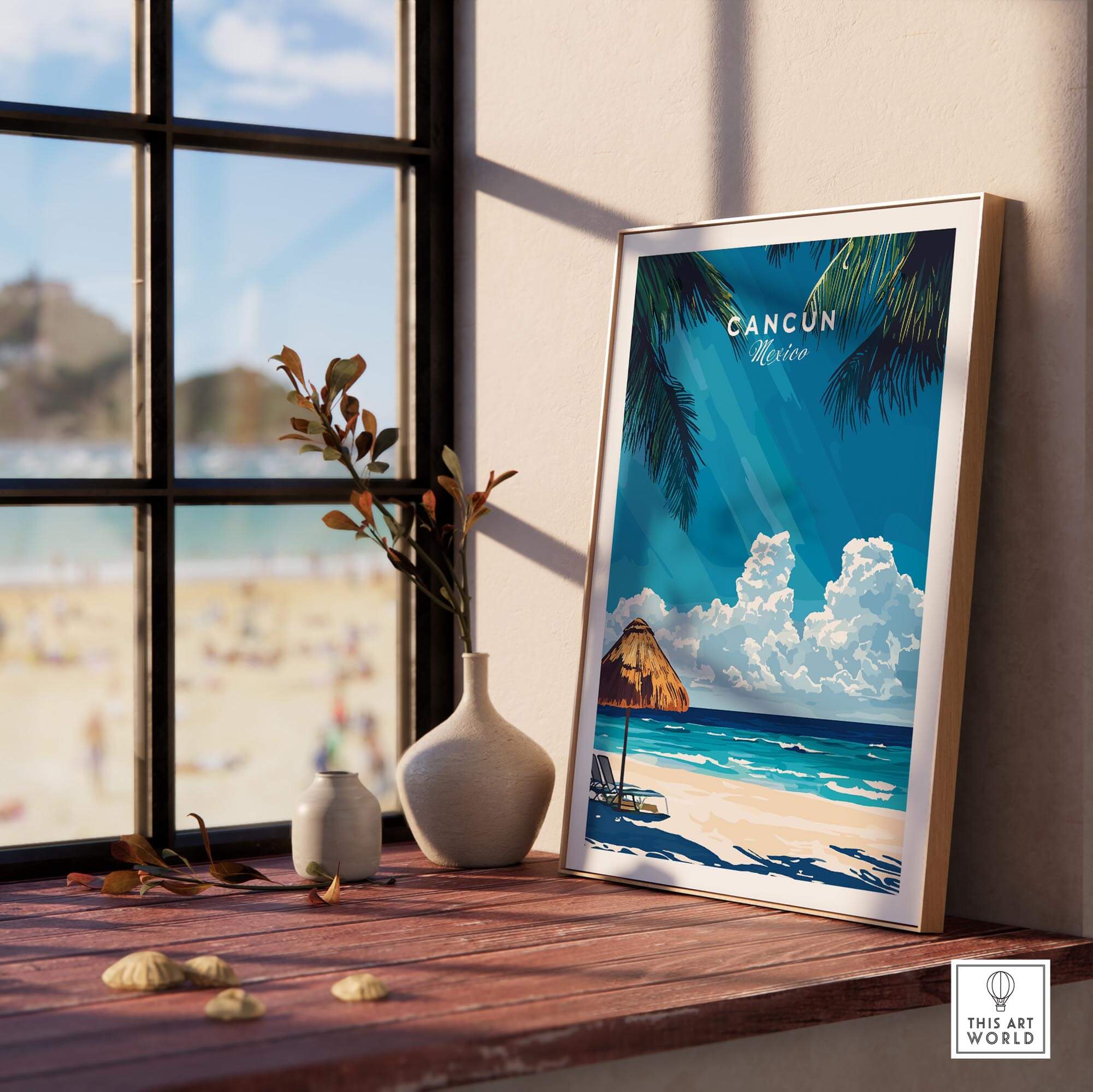 A beautiful Cancun Wall Art print featuring a beach scene with vibrant colors and a tropical atmosphere.