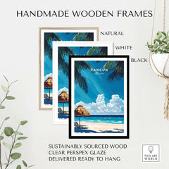 Cancun Wall Art presented in handmade wooden frames, featuring natural, white, and black finishes.