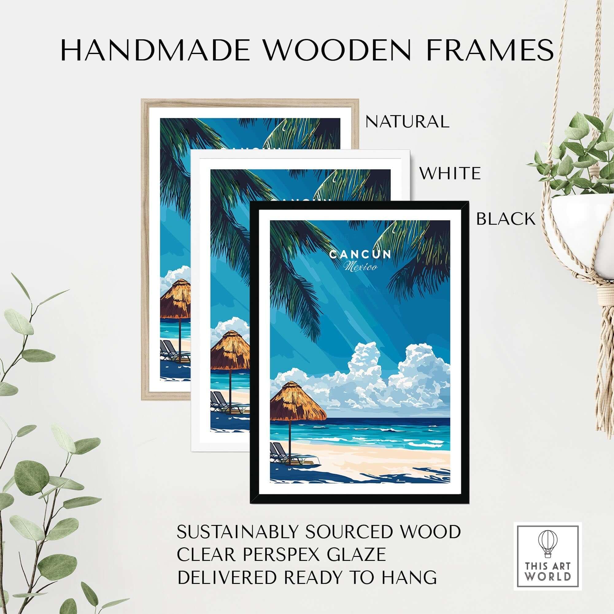 Cancun Wall Art presented in handmade wooden frames, featuring natural, white, and black finishes.