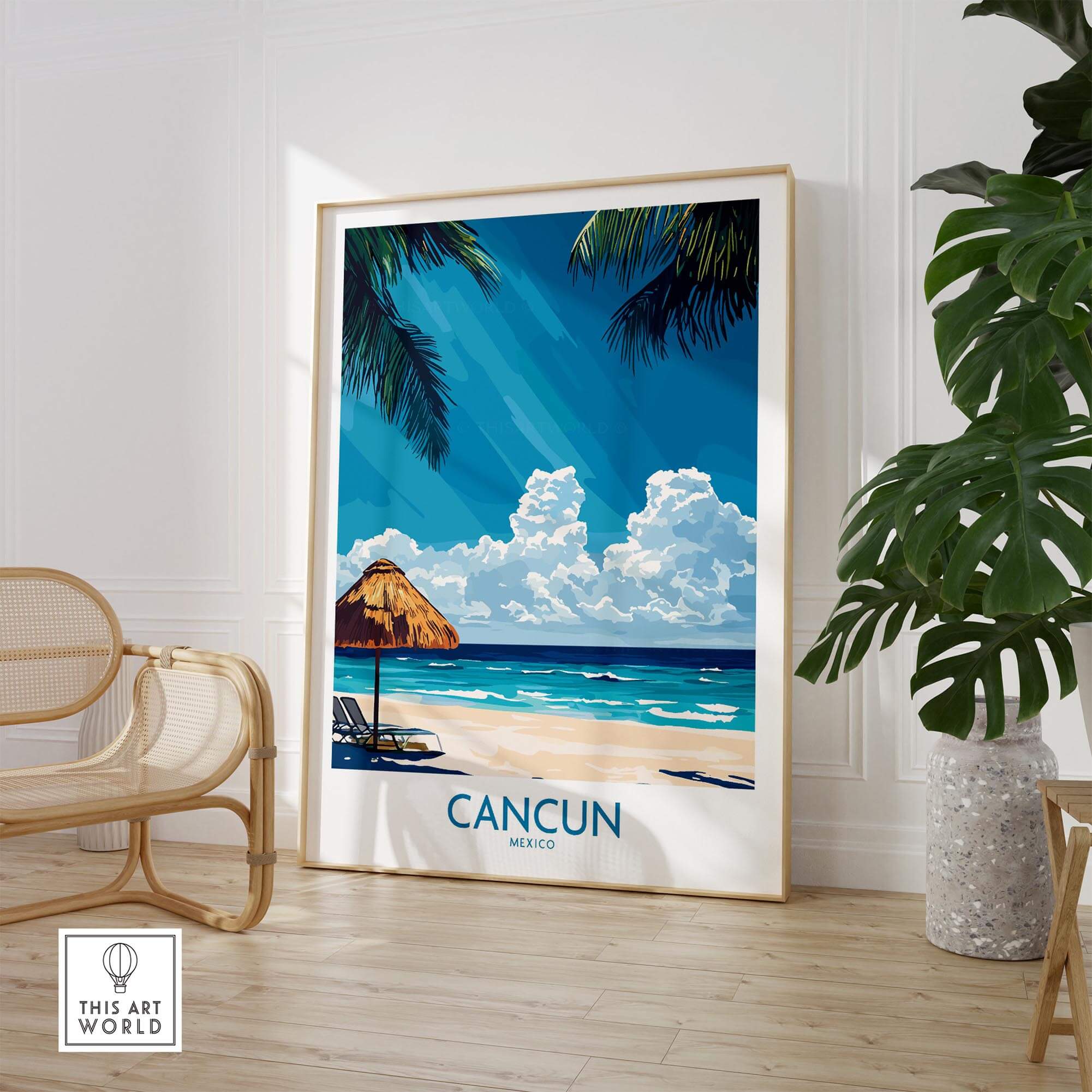 Cancun Wall Art Print showcasing a vibrant beach scene with palm trees and a thatched umbrella.