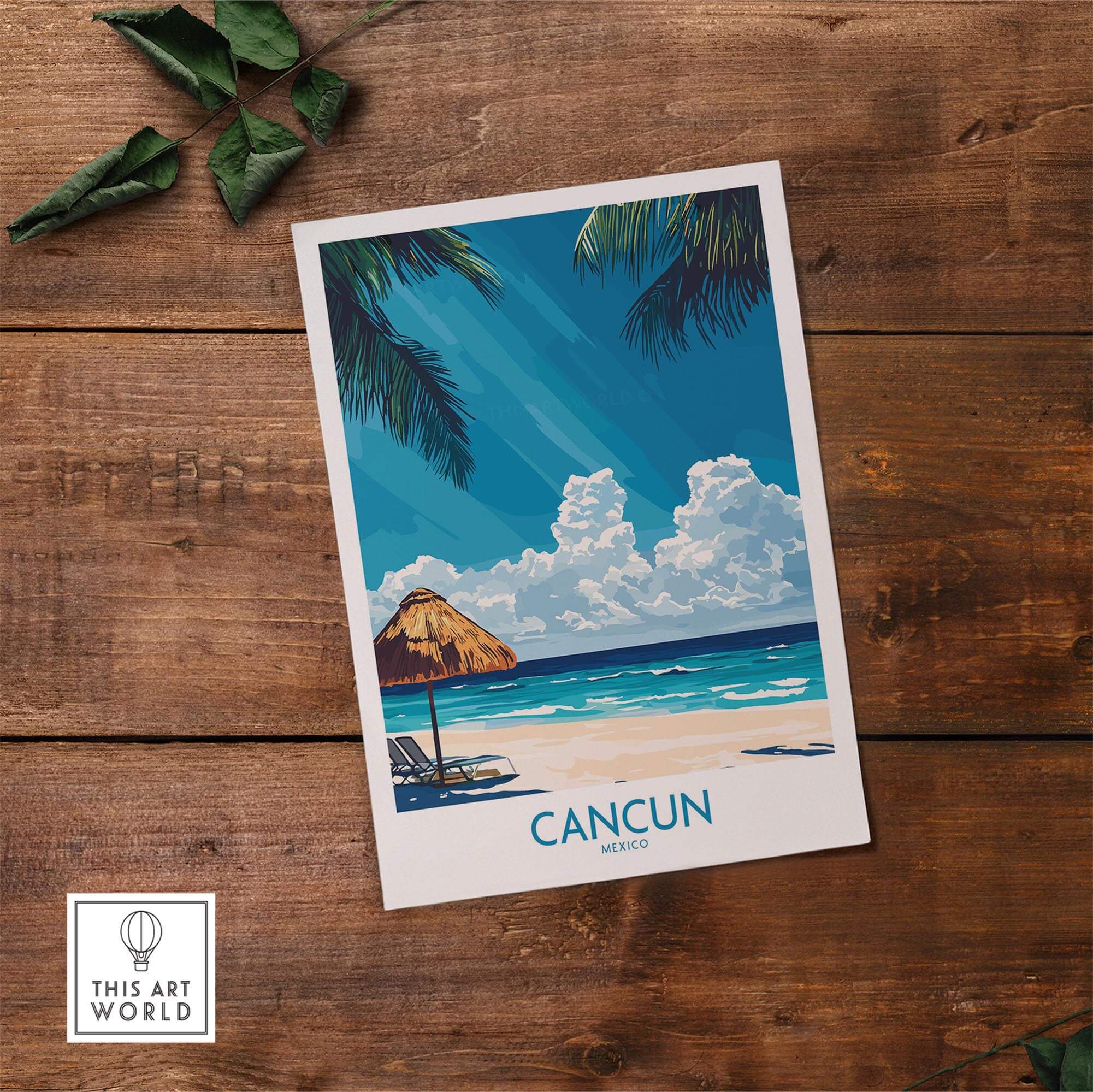 Cancun Wall Art Print showcasing a vibrant Mexico travel design with beach and palm trees, perfect for tropical home decor.