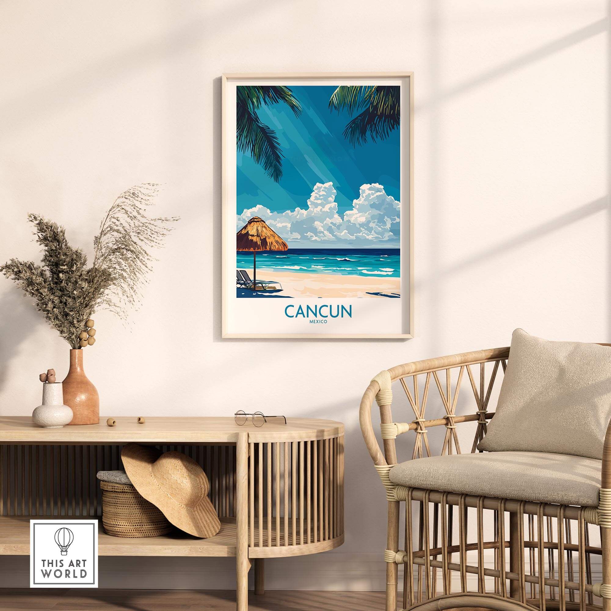 Cancun Wall Art Print featuring a vibrant beach scene with palm trees and crystal-clear waters.
