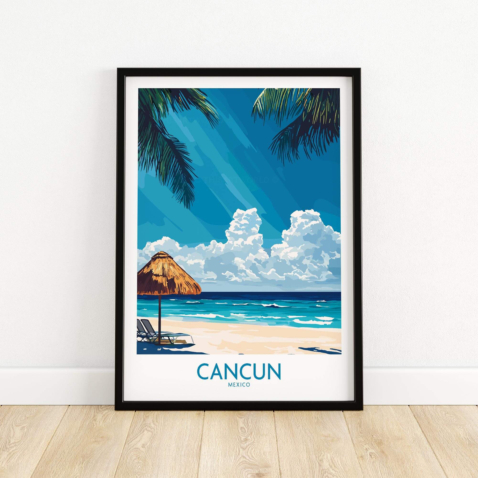 Cancun Wall Art Print featuring vibrant beach design with palm trees and sun, perfect for tropical home decor.