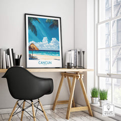 Cancun Wall Art Print displayed in a stylish workspace, featuring a vibrant beach scene and palm trees.