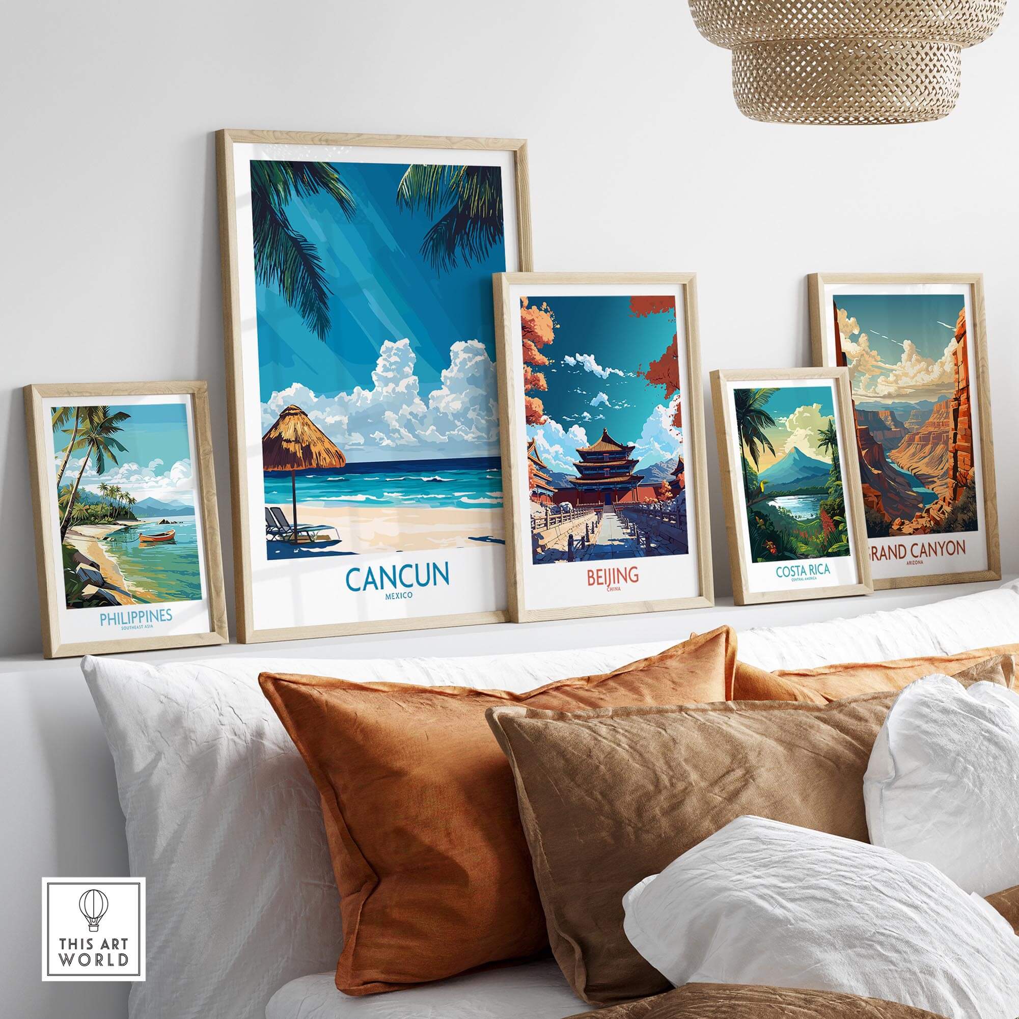 Cancun Wall Art Print alongside vibrant travel posters depicting stunning destinations.