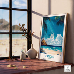Cancun Wall Art Print displayed in a cozy interior, showcasing Mexico's vibrant beach scenery and tropical vibes.
