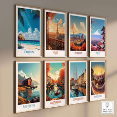 Cancun Wall Art Print and various travel posters on a wall, showcasing vibrant designs of popular travel destinations.