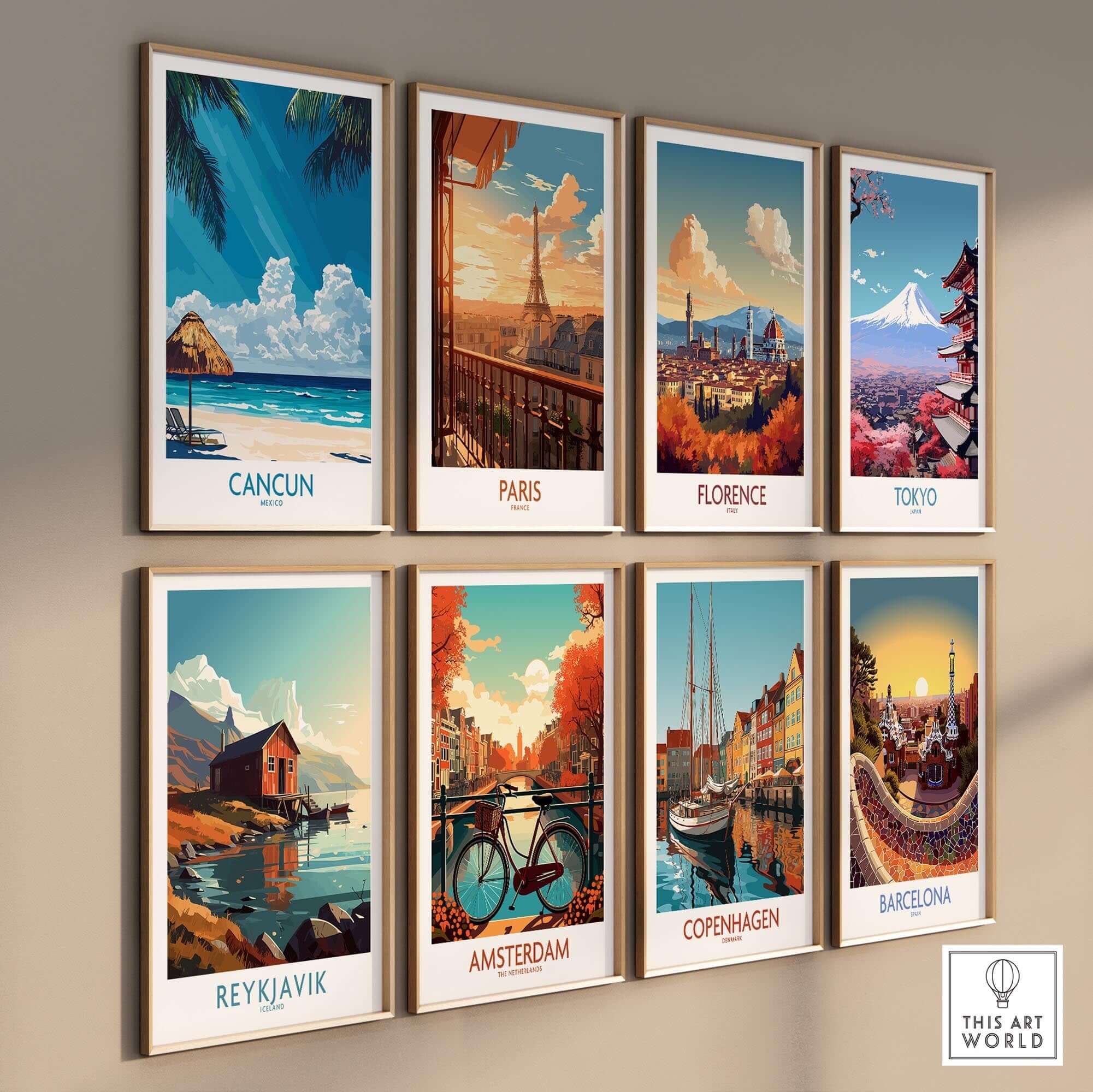 Cancun Wall Art Print and various travel posters on a wall, showcasing vibrant designs of popular travel destinations.