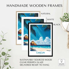 Handmade wooden frames for Cancun Wall Art Print in natural, white, and black finishes, sustainably sourced wood.
