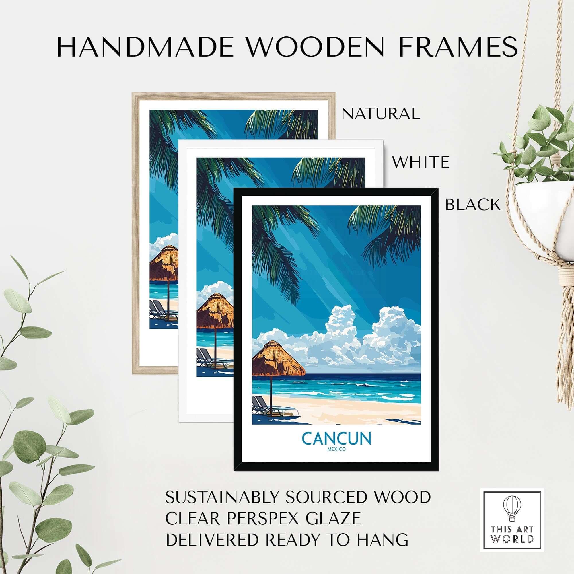 Handmade wooden frames for Cancun Wall Art Print in natural, white, and black finishes, sustainably sourced wood.
